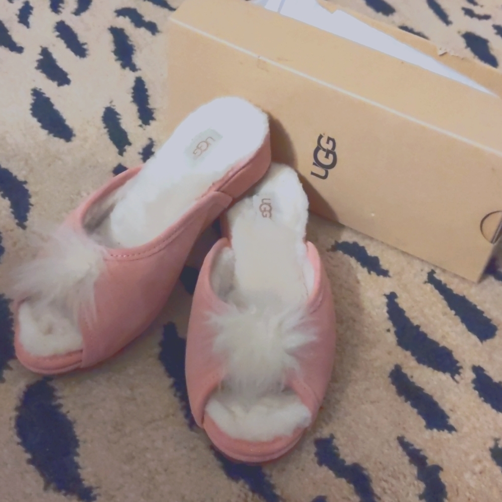 Pink suede UGG Yvette Heel Slippers With White Puffy Ball